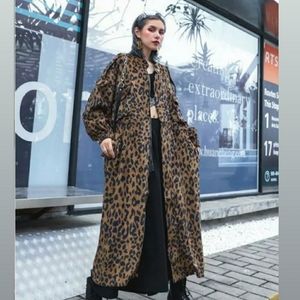 Clon's Leopard Printed Long Trench Corduroy Oversized Coat
